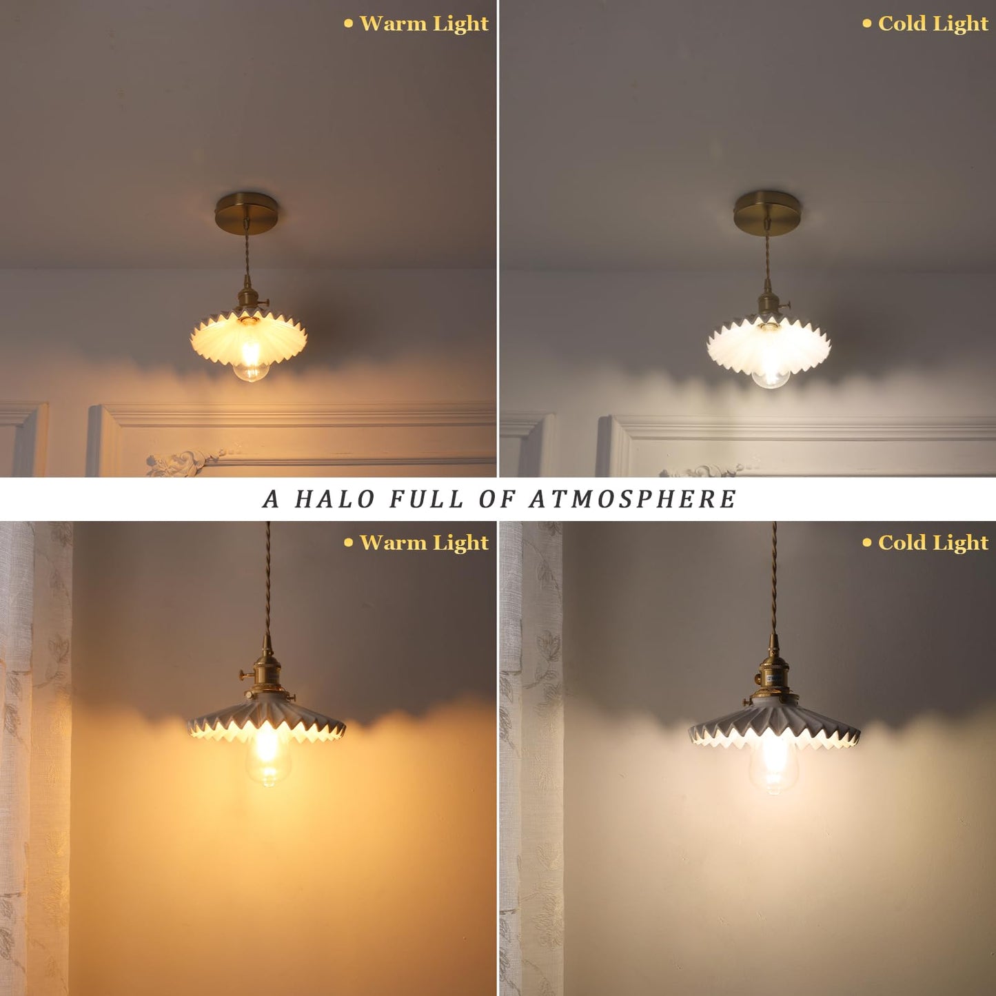 (Y)Chandelier with White Pleated Ceramic Brass Vintage Chandelier Adjustable Pendant for Kitchen Island Dining Room Hallway 7.87 Inch Diameter