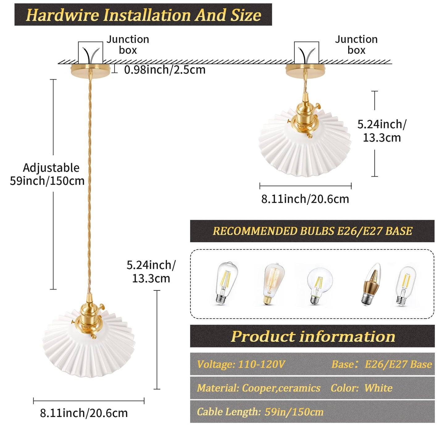 (Y)Chandelier with White Pleated Ceramic Brass Vintage Chandelier Adjustable Pendant for Kitchen Island Dining Room Hallway 7.87 Inch Diameter
