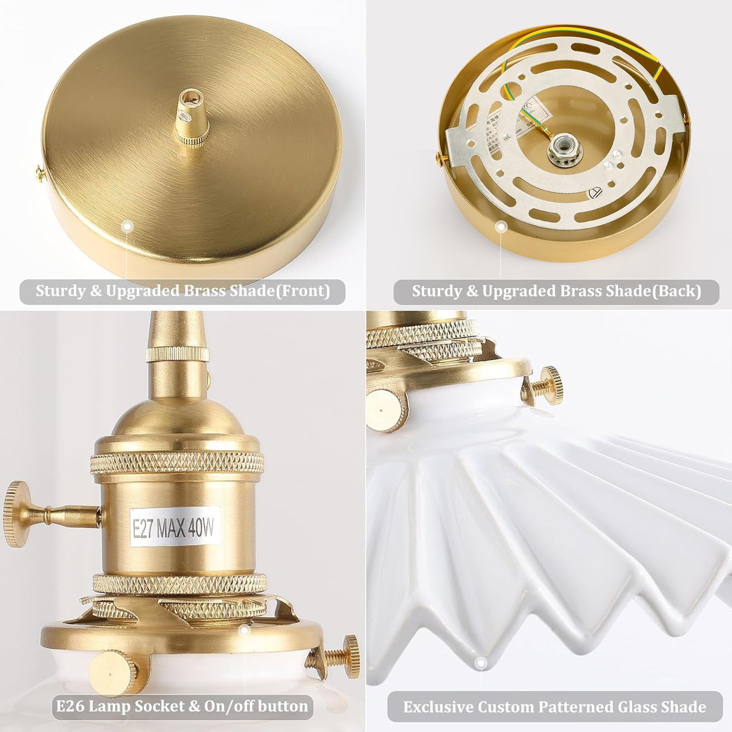 (Y)Chandelier with White Pleated Ceramic Brass Vintage Chandelier Adjustable Pendant for Kitchen Island Dining Room Hallway 7.87 Inch Diameter