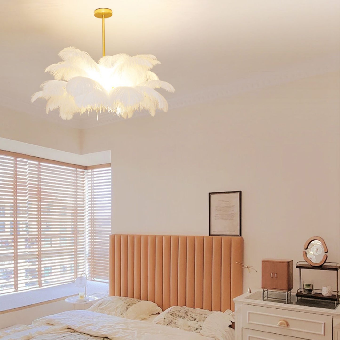 (M)White Feather Chandelier Modern Brass Pendant Light LED for Bedroom Living Room