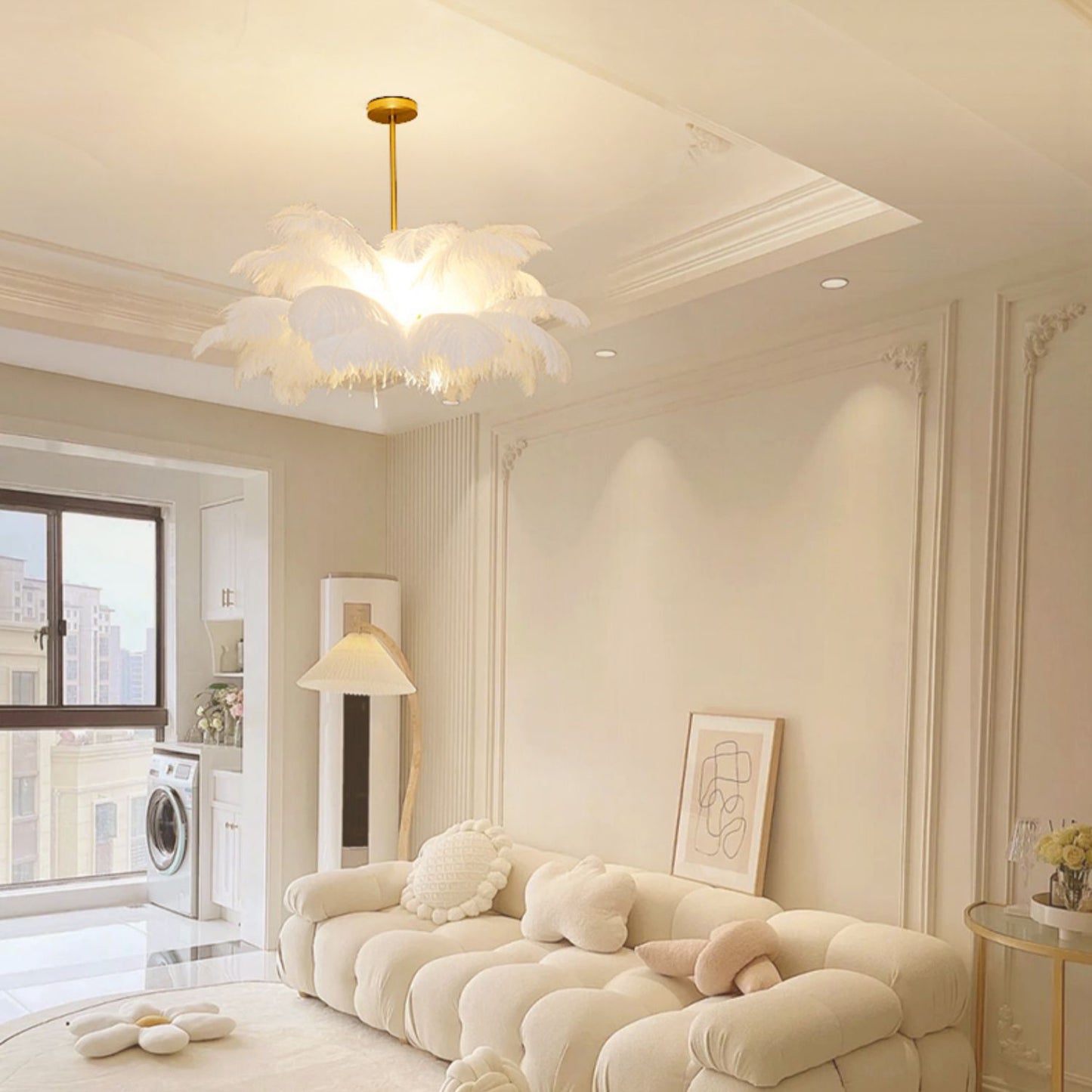 (M)White Feather Chandelier Modern Brass Pendant Light LED for Bedroom Living Room