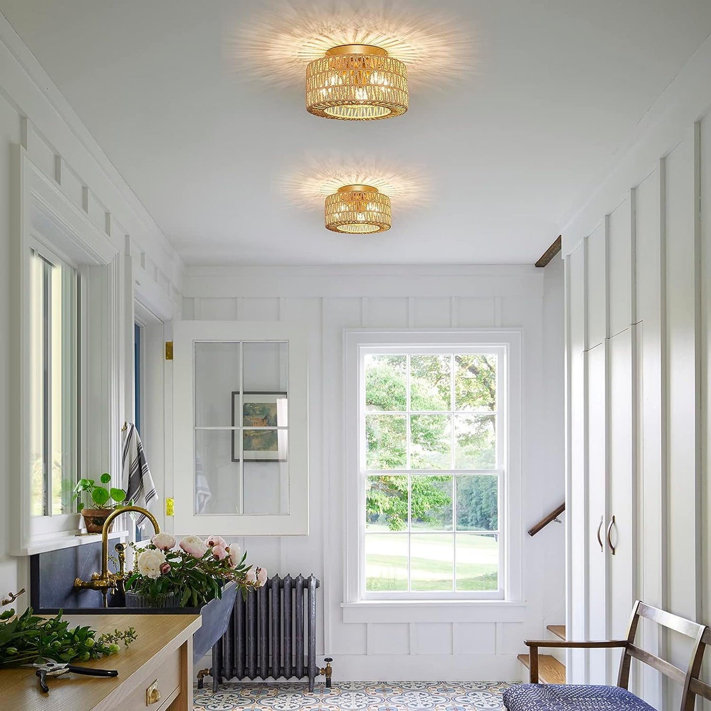 Boho Ceiling Light, 3 Bulbs, Vintage Ceiling Light with Rattan Lampshade, Pendant Lamp, E27 Socket