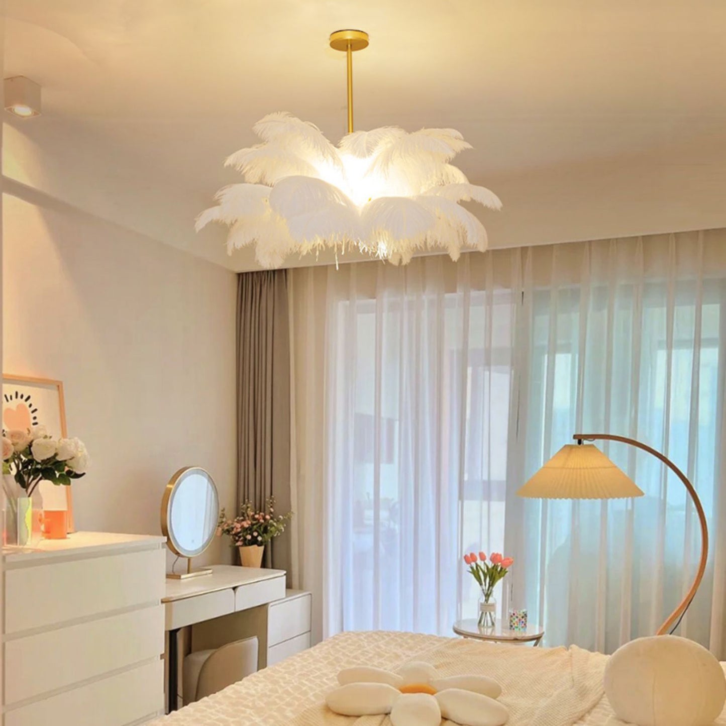(M)White Feather Chandelier Modern Brass Pendant Light LED for Bedroom Living Room