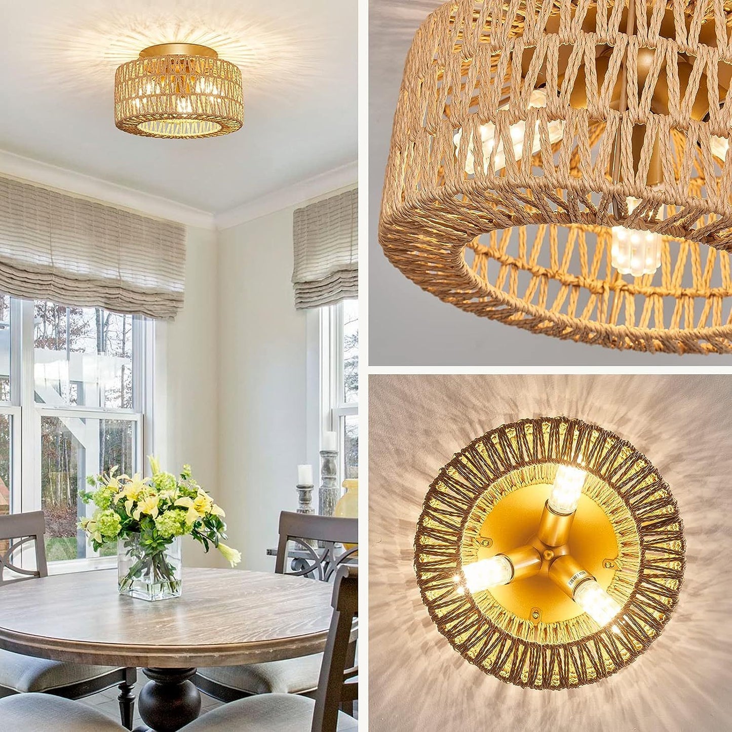 Boho Ceiling Light, 3 Bulbs, Vintage Ceiling Light with Rattan Lampshade, Pendant Lamp, E27 Socket