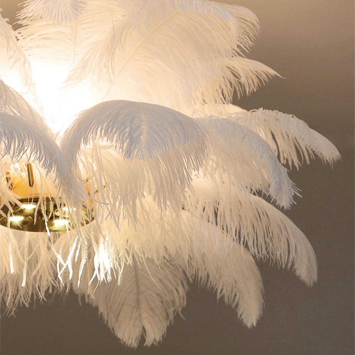 (M)White Feather Chandelier Modern Brass Pendant Light LED for Bedroom Living Room
