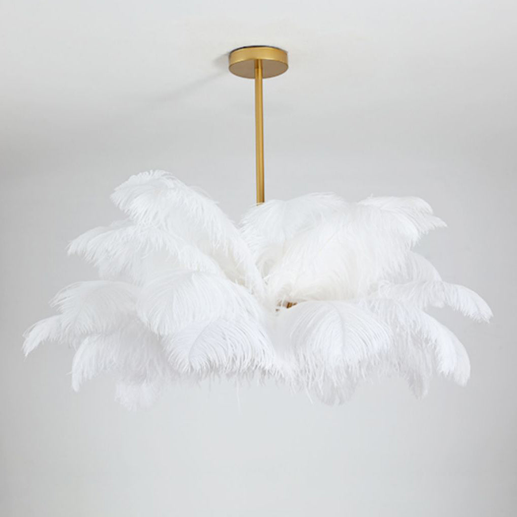 (M)White Feather Chandelier Modern Brass Pendant Light LED for Bedroom Living Room