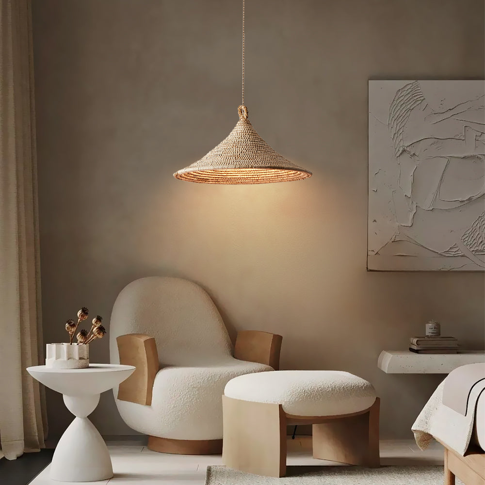 (Q) Hand Woven Rattan Pendant Light, Bohemian Rain Umbrella Lampshade Rattan Woven Pendant Light, Suitable for Living Room, Dining Room, Bedroom