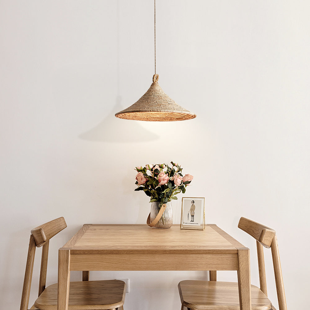 (Q) Hand Woven Rattan Pendant Light, Bohemian Rain Umbrella Lampshade Rattan Woven Pendant Light, Suitable for Living Room, Dining Room, Bedroom