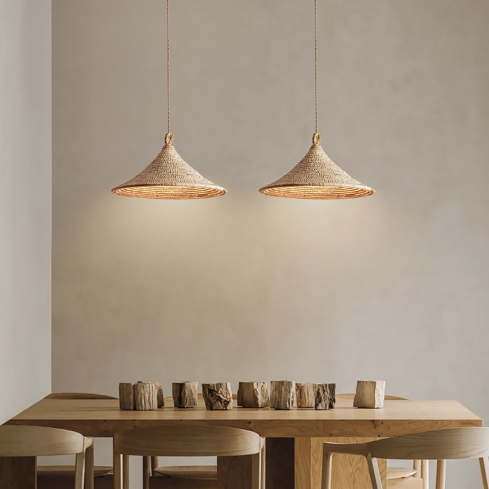 (Q) Hand Woven Rattan Pendant Light, Bohemian Rain Umbrella Lampshade Rattan Woven Pendant Light, Suitable for Living Room, Dining Room, Bedroom