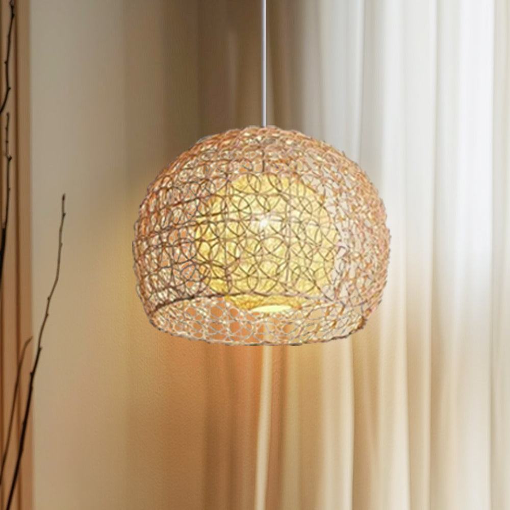 (Q) 11.8-Inch Rattan Pendant Light, Bohemian Style Spherical Lampshade Rattan Pendant Light, Suitable For Living Room, Dining Room, Bedroom