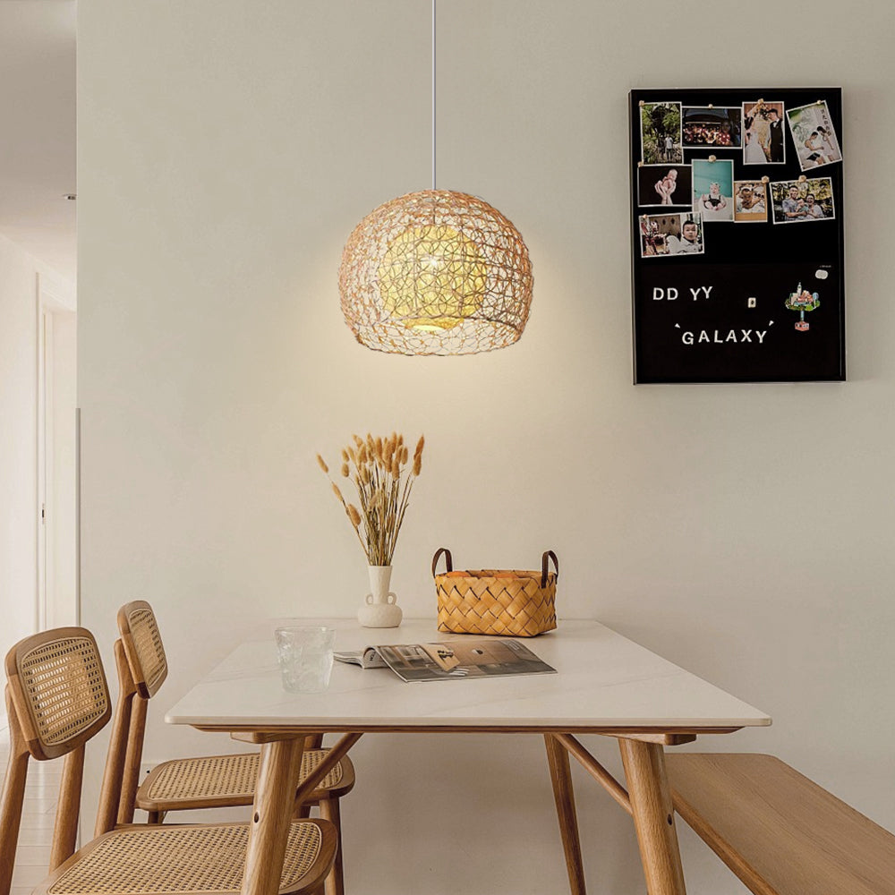 (Q) 11.8-Inch Rattan Pendant Light, Bohemian Style Spherical Lampshade Rattan Pendant Light, Suitable For Living Room, Dining Room, Bedroom