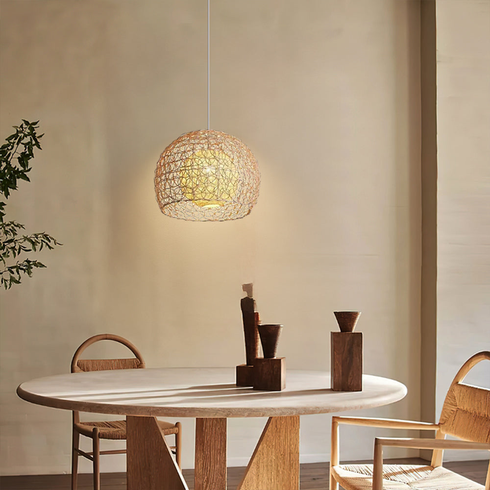 (Q) 11.8-Inch Rattan Pendant Light, Bohemian Style Spherical Lampshade Rattan Pendant Light, Suitable For Living Room, Dining Room, Bedroom