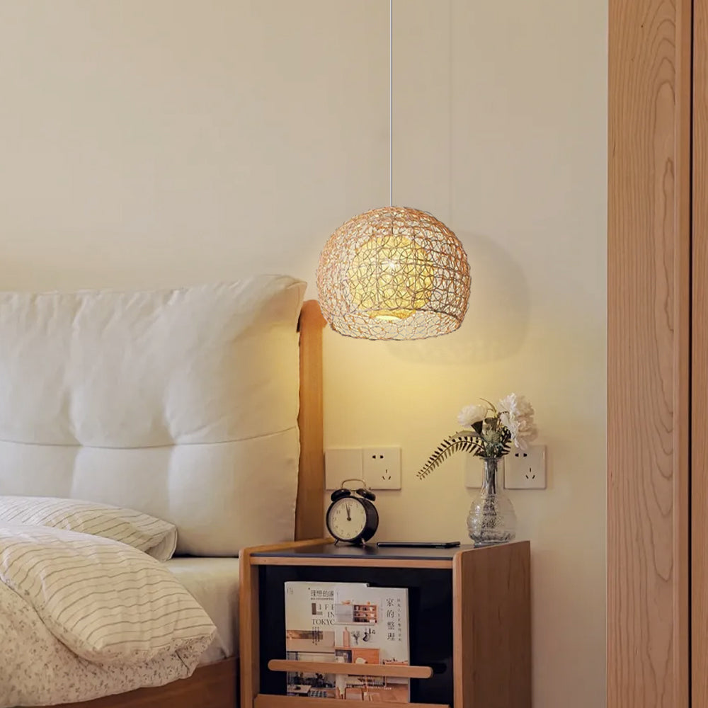 (Q) 11.8-Inch Rattan Pendant Light, Bohemian Style Spherical Lampshade Rattan Pendant Light, Suitable For Living Room, Dining Room, Bedroom