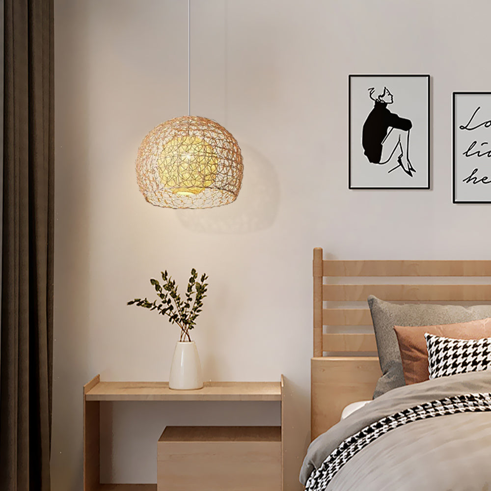 (Q) 11.8-Inch Rattan Pendant Light, Bohemian Style Spherical Lampshade Rattan Pendant Light, Suitable For Living Room, Dining Room, Bedroom