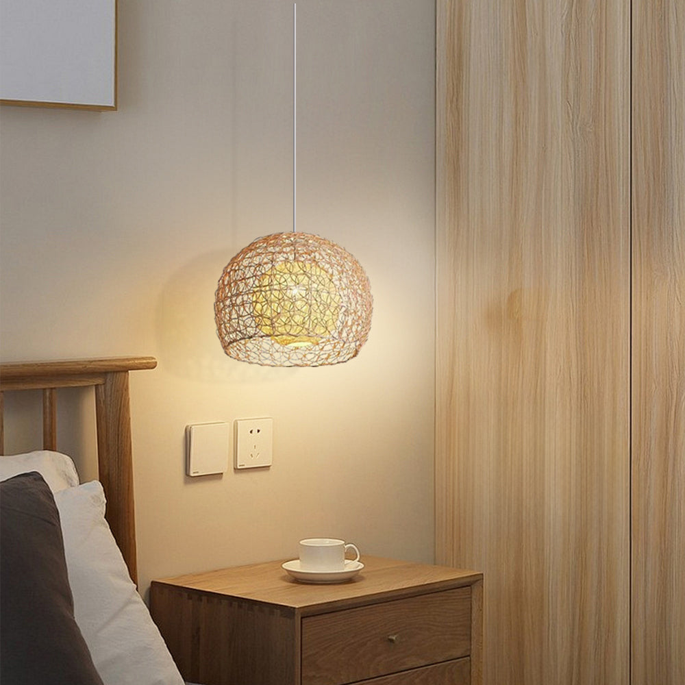 (Q) 11.8-Inch Rattan Pendant Light, Bohemian Style Spherical Lampshade Rattan Pendant Light, Suitable For Living Room, Dining Room, Bedroom