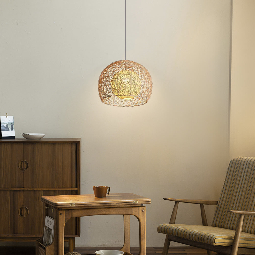 (Q) 11.8-Inch Rattan Pendant Light, Bohemian Style Spherical Lampshade Rattan Pendant Light, Suitable For Living Room, Dining Room, Bedroom
