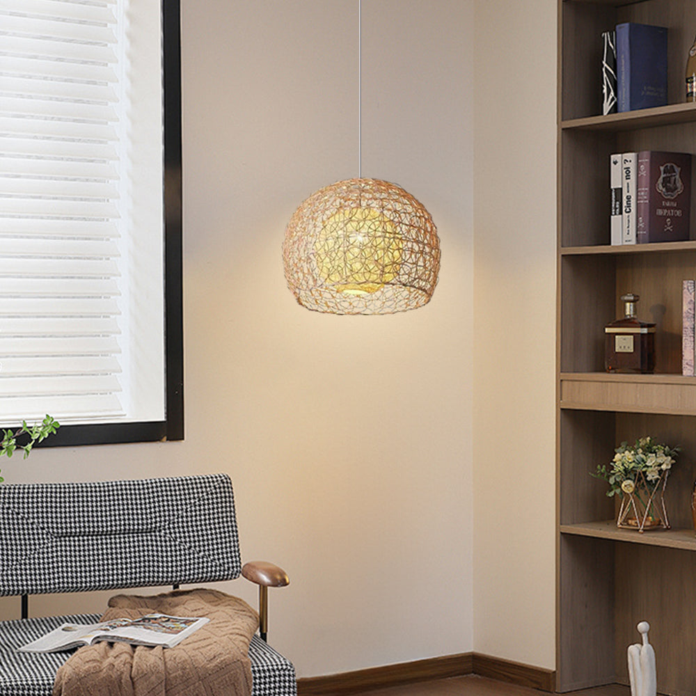 (Q) 11.8-Inch Rattan Pendant Light, Bohemian Style Spherical Lampshade Rattan Pendant Light, Suitable For Living Room, Dining Room, Bedroom