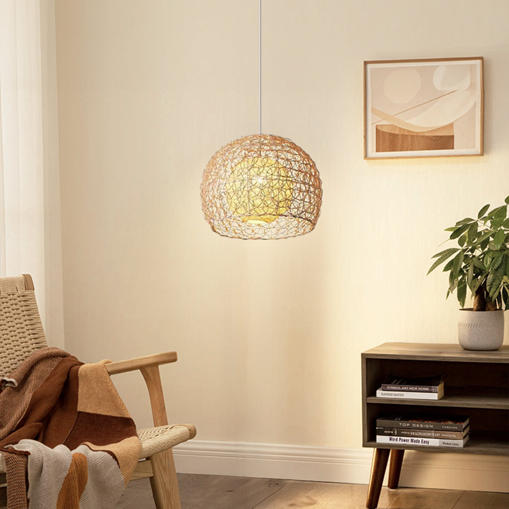 (Q) 11.8-Inch Rattan Pendant Light, Bohemian Style Spherical Lampshade Rattan Pendant Light, Suitable For Living Room, Dining Room, Bedroom
