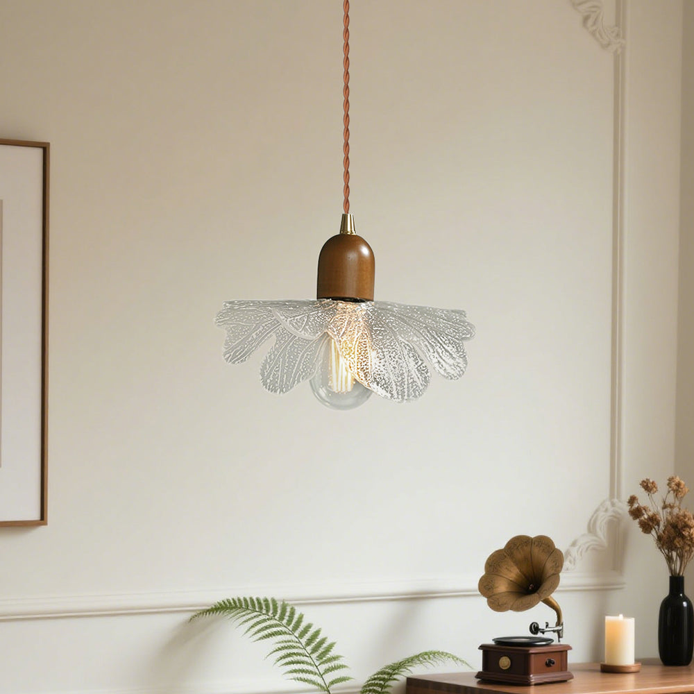 (Q) 10.23-Inch Glass Pendant Light, Retro Style Flower Shaped Lampshade Glass Pendant Light, Suitable for Living Room, Dining Room, Bedroom