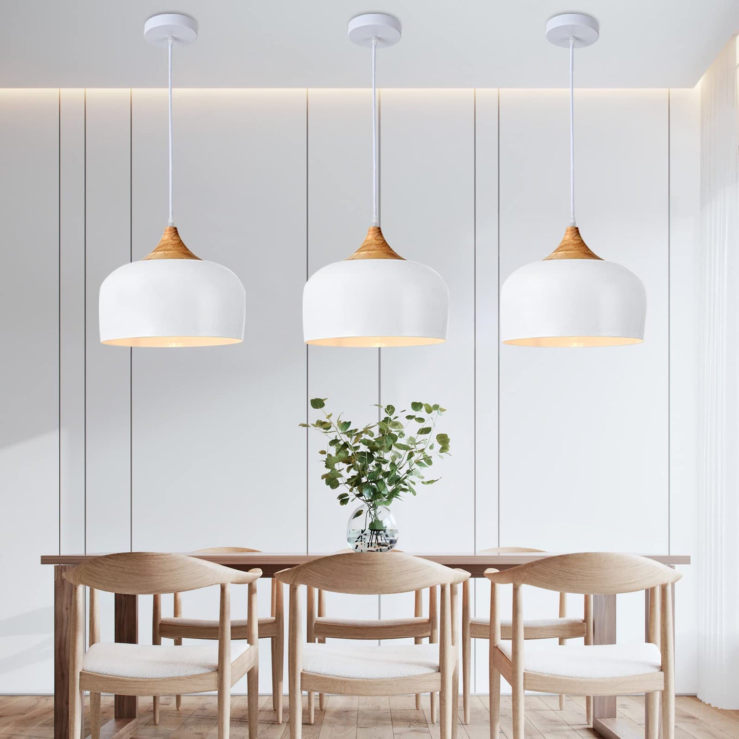 (Y)Modern Solid Wood Pendant Light, Large Ceiling Pendant with Dome Metal Shade, Adjustable Fixture for Kitchen Island, Dining Room, Bedroom, Hallway, Entrance - White