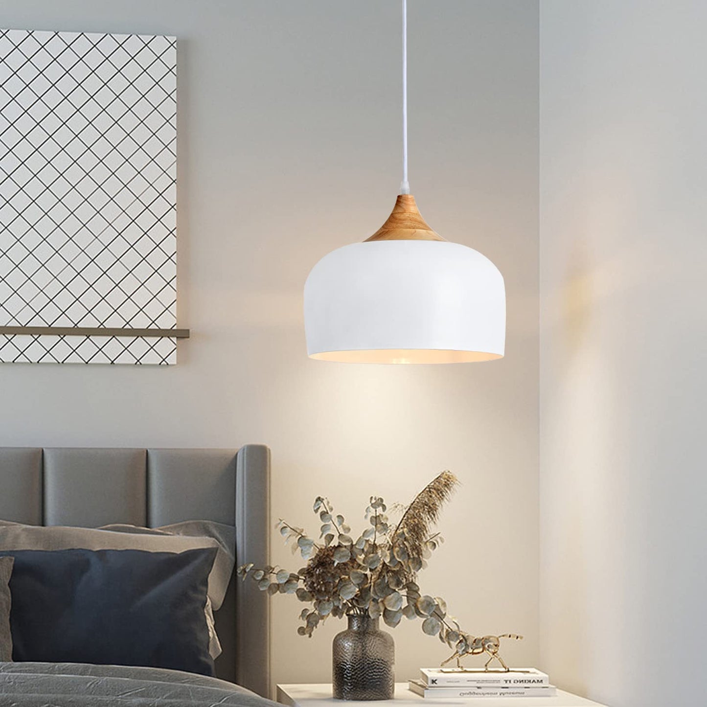 (Y)Modern Solid Wood Pendant Light, Large Ceiling Pendant with Dome Metal Shade, Adjustable Fixture for Kitchen Island, Dining Room, Bedroom, Hallway, Entrance - White