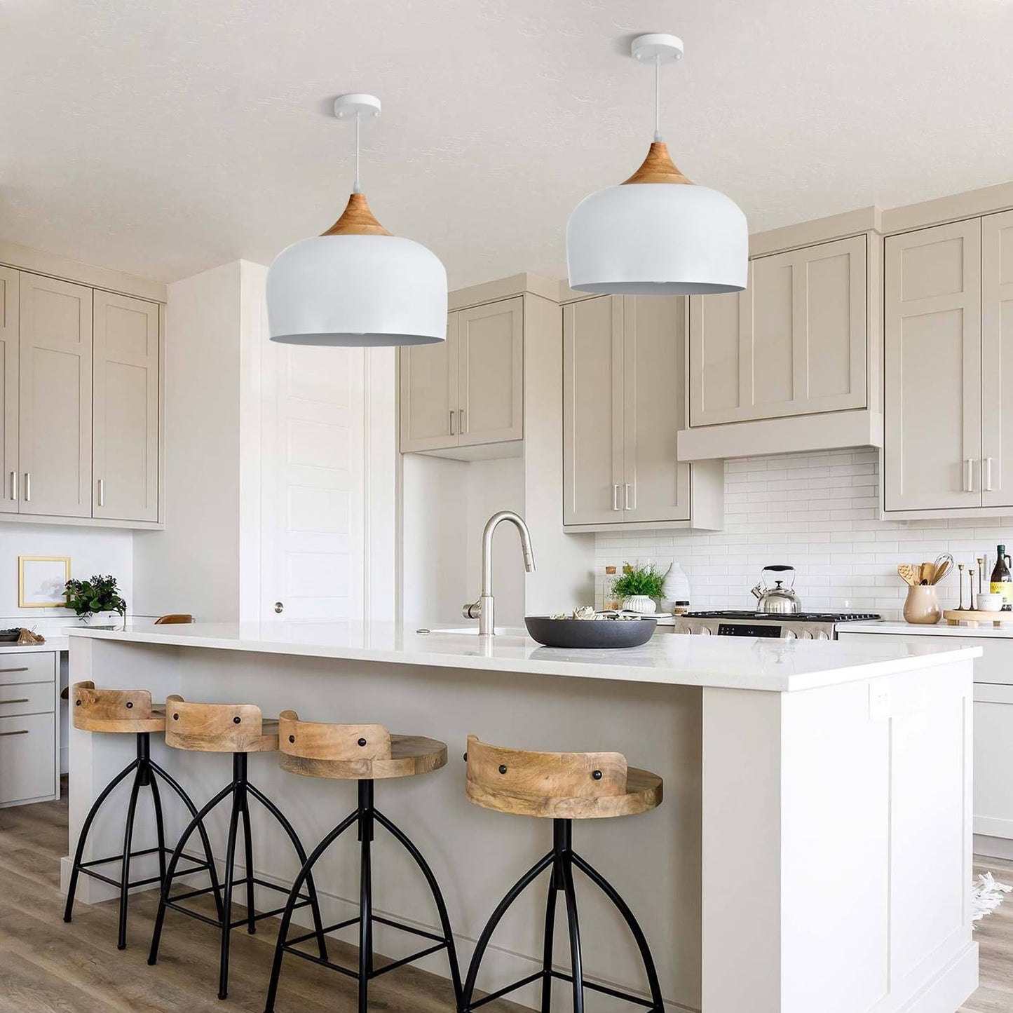 (Y)Modern Solid Wood Pendant Light, Large Ceiling Pendant with Dome Metal Shade, Adjustable Fixture for Kitchen Island, Dining Room, Bedroom, Hallway, Entrance - White