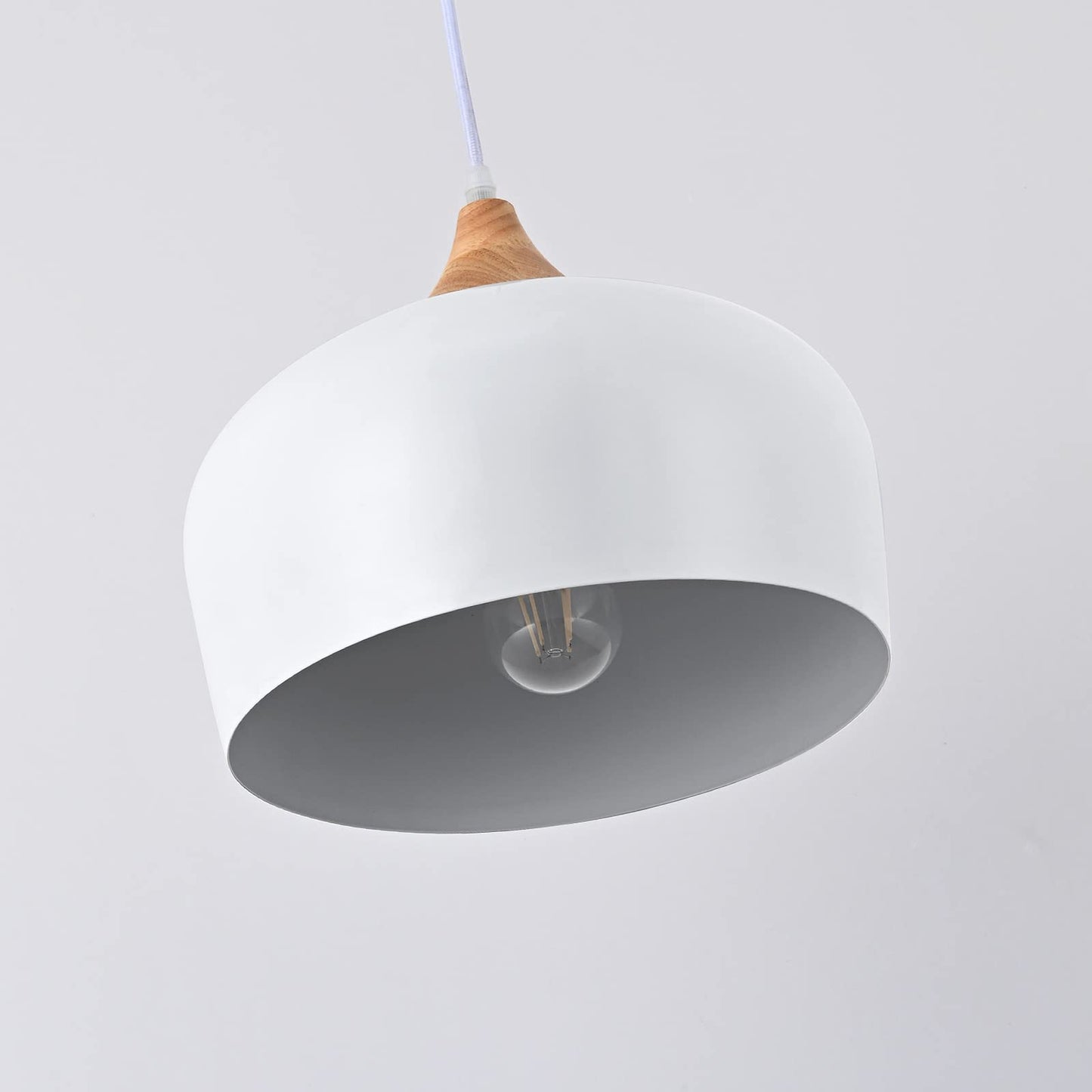 (Y)Modern Solid Wood Pendant Light, Large Ceiling Pendant with Dome Metal Shade, Adjustable Fixture for Kitchen Island, Dining Room, Bedroom, Hallway, Entrance - White