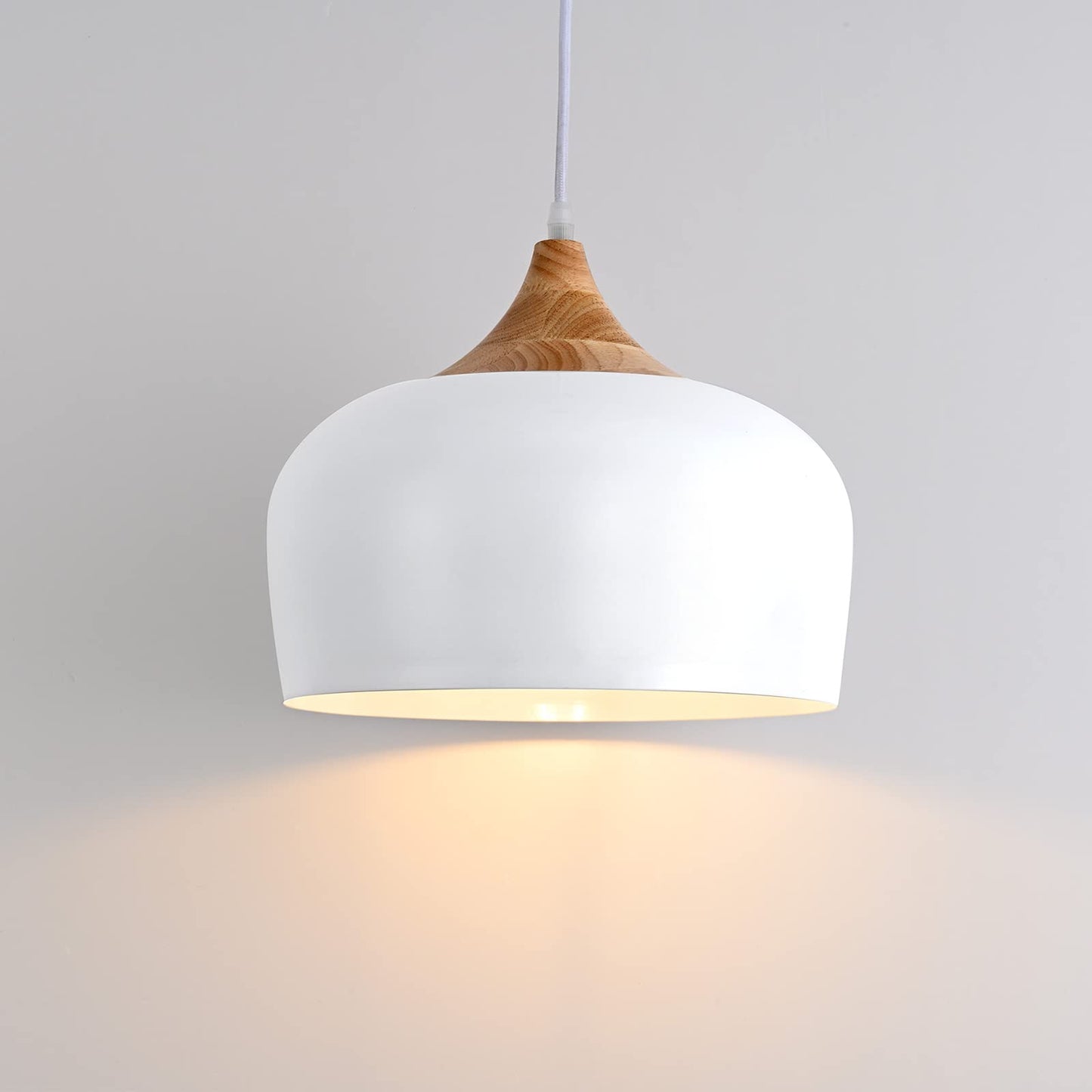(Y)Modern Solid Wood Pendant Light, Large Ceiling Pendant with Dome Metal Shade, Adjustable Fixture for Kitchen Island, Dining Room, Bedroom, Hallway, Entrance - White