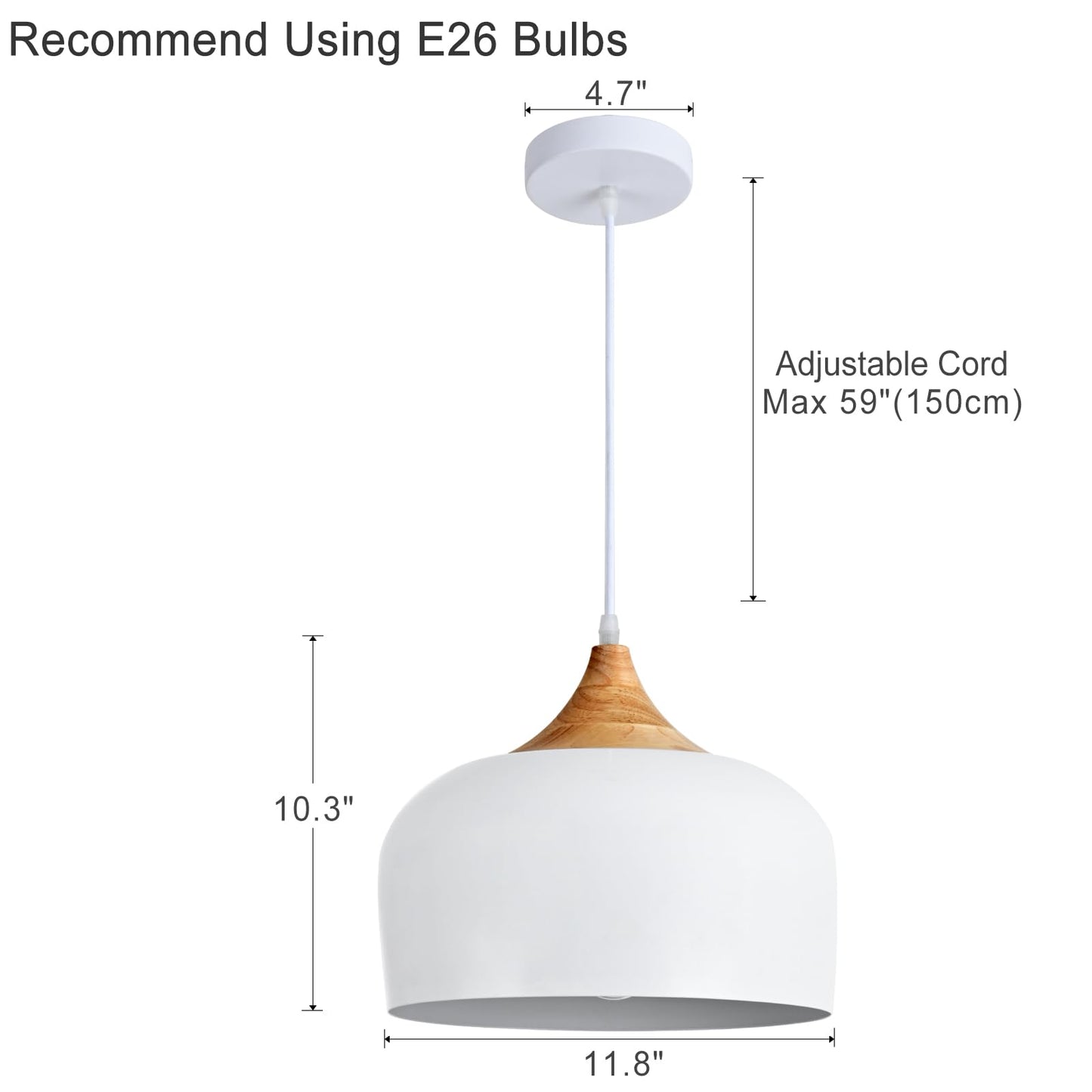 (Y)Modern Solid Wood Pendant Light, Large Ceiling Pendant with Dome Metal Shade, Adjustable Fixture for Kitchen Island, Dining Room, Bedroom, Hallway, Entrance - White