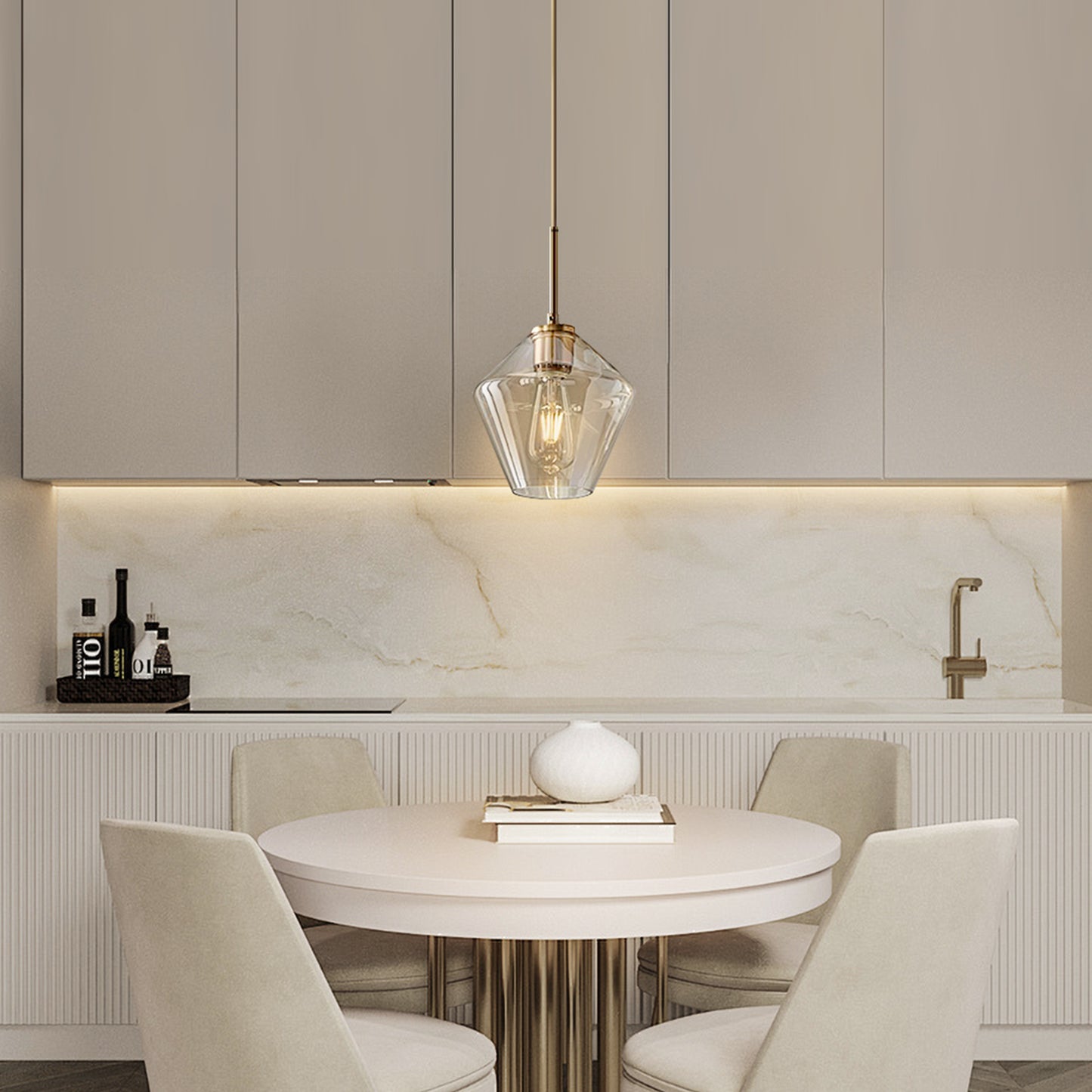 (X) Postmodern Gold Pendant Light - Adjustable Clear Glass LED Fixture for Living Room, Dining, Cafe and Hotel (E27 Socket, Champagne Finish)