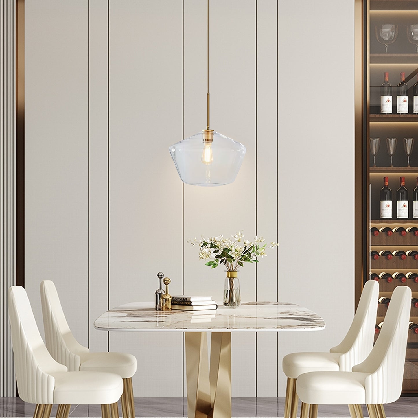 (X) Postmodern Gold Pendant Light - Adjustable Clear Glass LED Fixture for Living Room, Dining, Cafe and Hotel (E27 Socket,Clear Finish)
