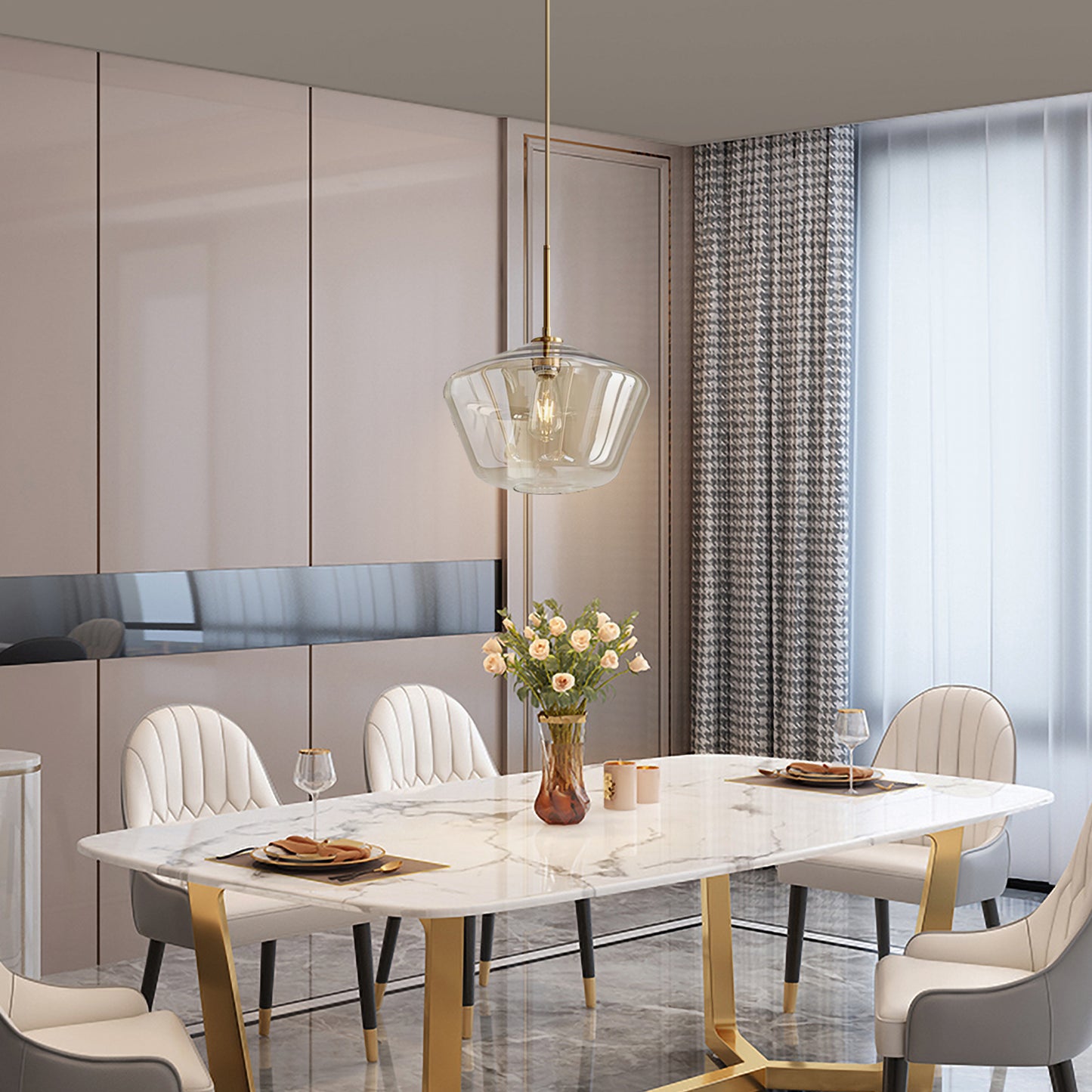 (X) Postmodern Gold Pendant Light - Adjustable Clear Glass LED Fixture for Living Room, Dining, Cafe and Hotel (E27 Socket, Champagne Finish)