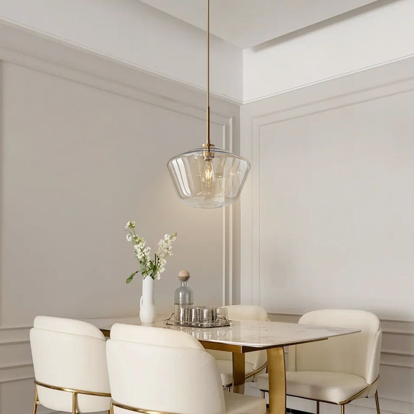 (X) Postmodern Gold Pendant Light - Adjustable Clear Glass LED Fixture for Living Room, Dining, Cafe and Hotel (E27 Socket, Champagne Finish)