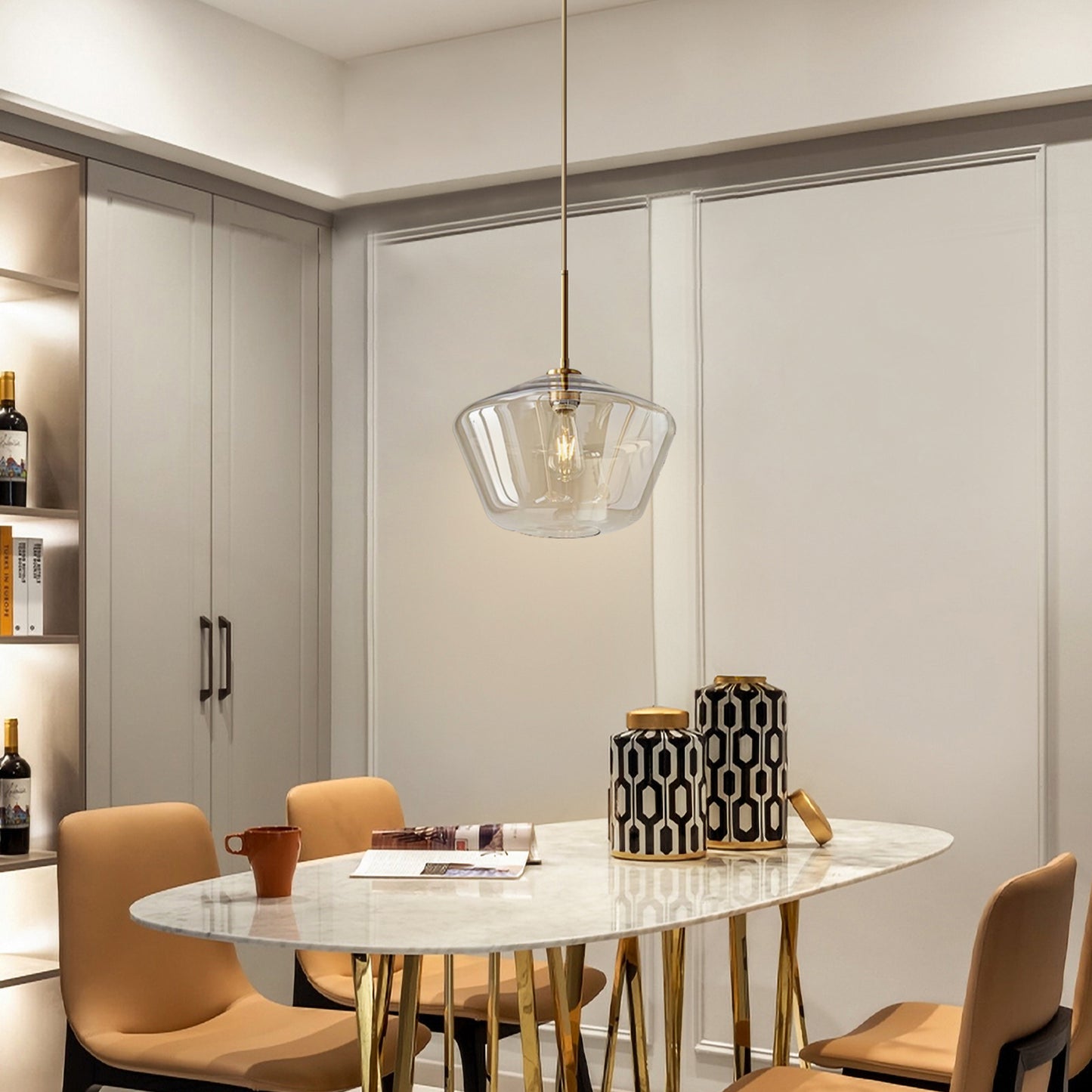 (X) Postmodern Gold Pendant Light - Adjustable Clear Glass LED Fixture for Living Room, Dining, Cafe and Hotel (E27 Socket, Champagne Finish)