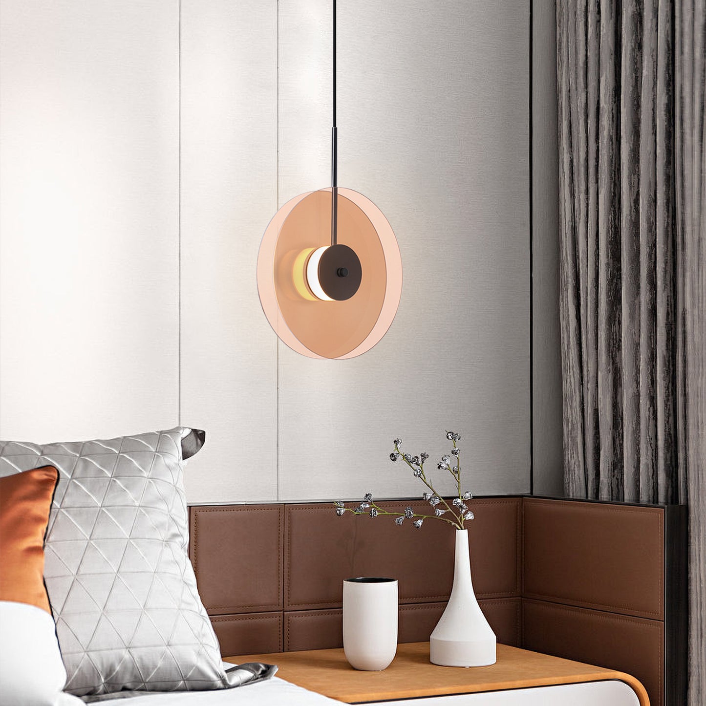 (X)Vertical Nordic Postmodern Glass Disc Pendant Light - Flying Saucer Chandelier for Dining Room, Bedroom, Bar, Amber