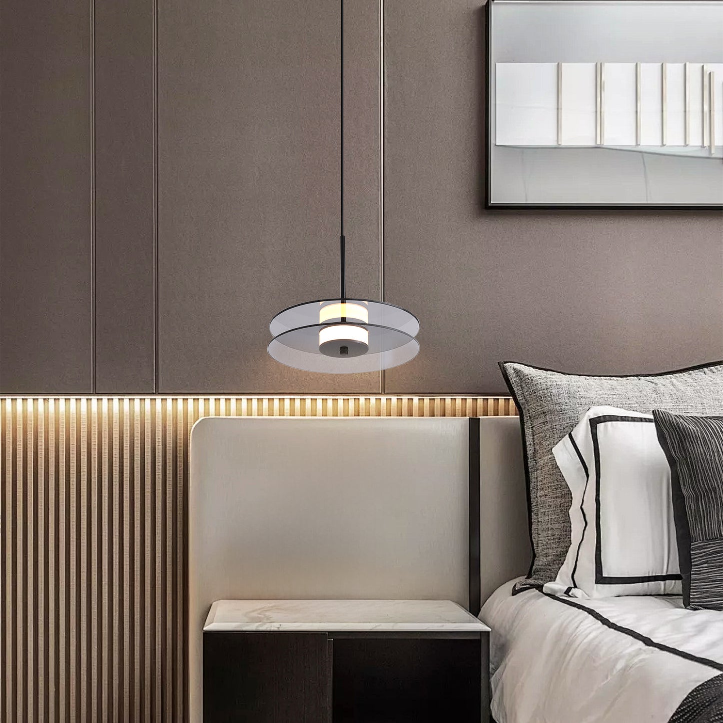 (X)Vertical Nordic Postmodern Glass Disc Pendant Light - Flying Saucer Chandelier for Dining Room, Bedroom, Bar, Smoke Grey