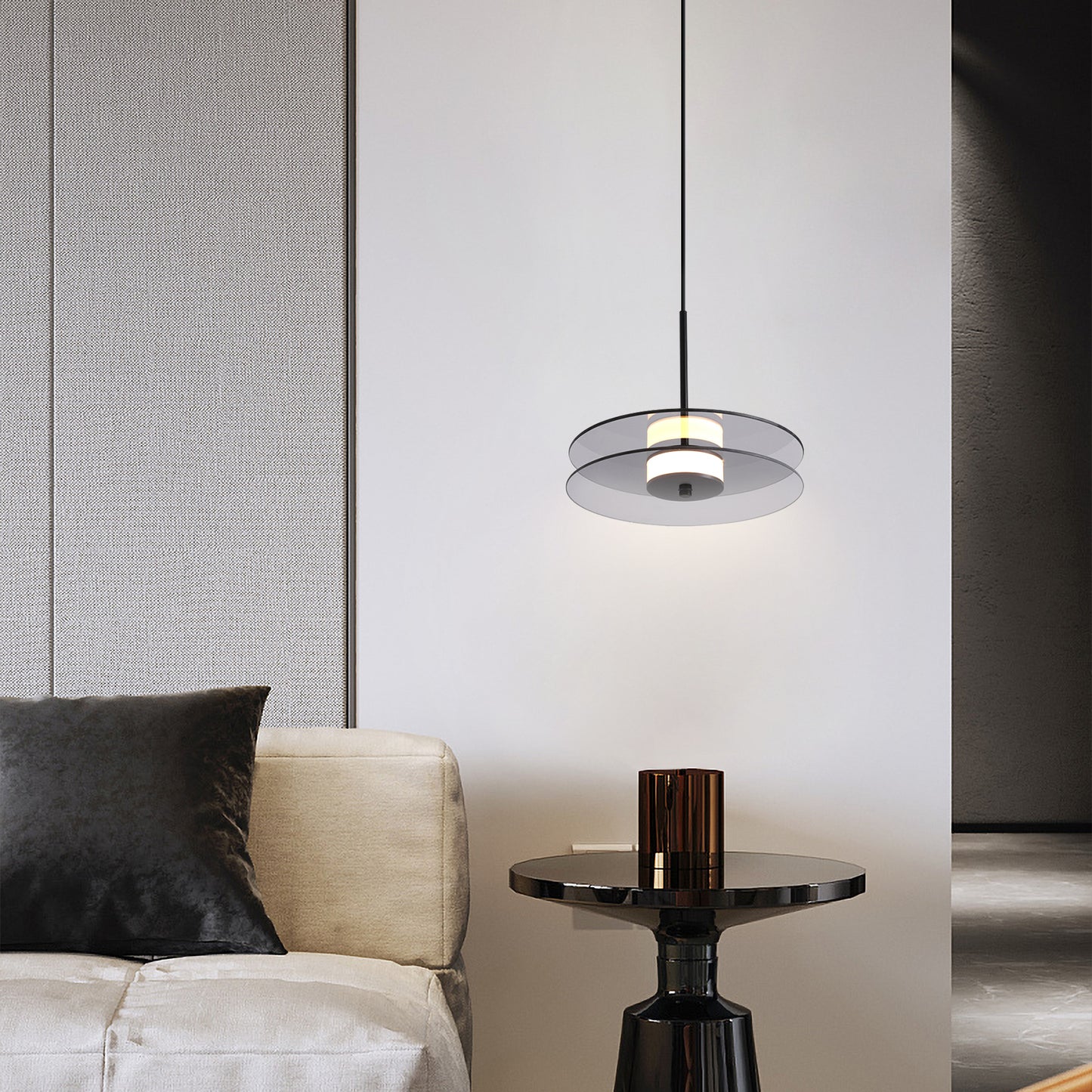 (X)Vertical Nordic Postmodern Glass Disc Pendant Light - Flying Saucer Chandelier for Dining Room, Bedroom, Bar, Smoke Grey
