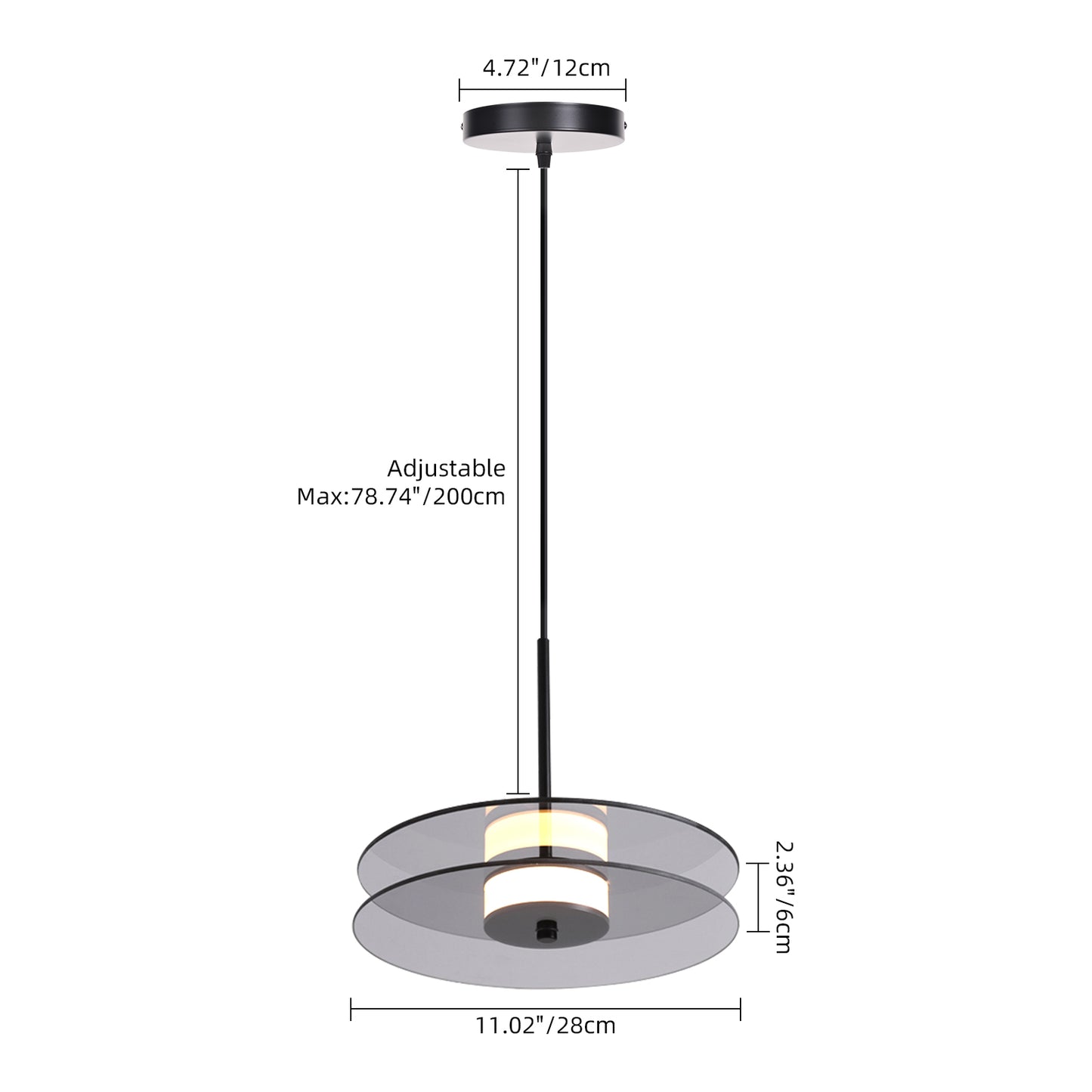 (X) Horizontal Nordic Postmodern Glass Disc Pendant Light -Flying Saucer Chandelier for Dining Room, Bedroom, Bar, Smoke Grey