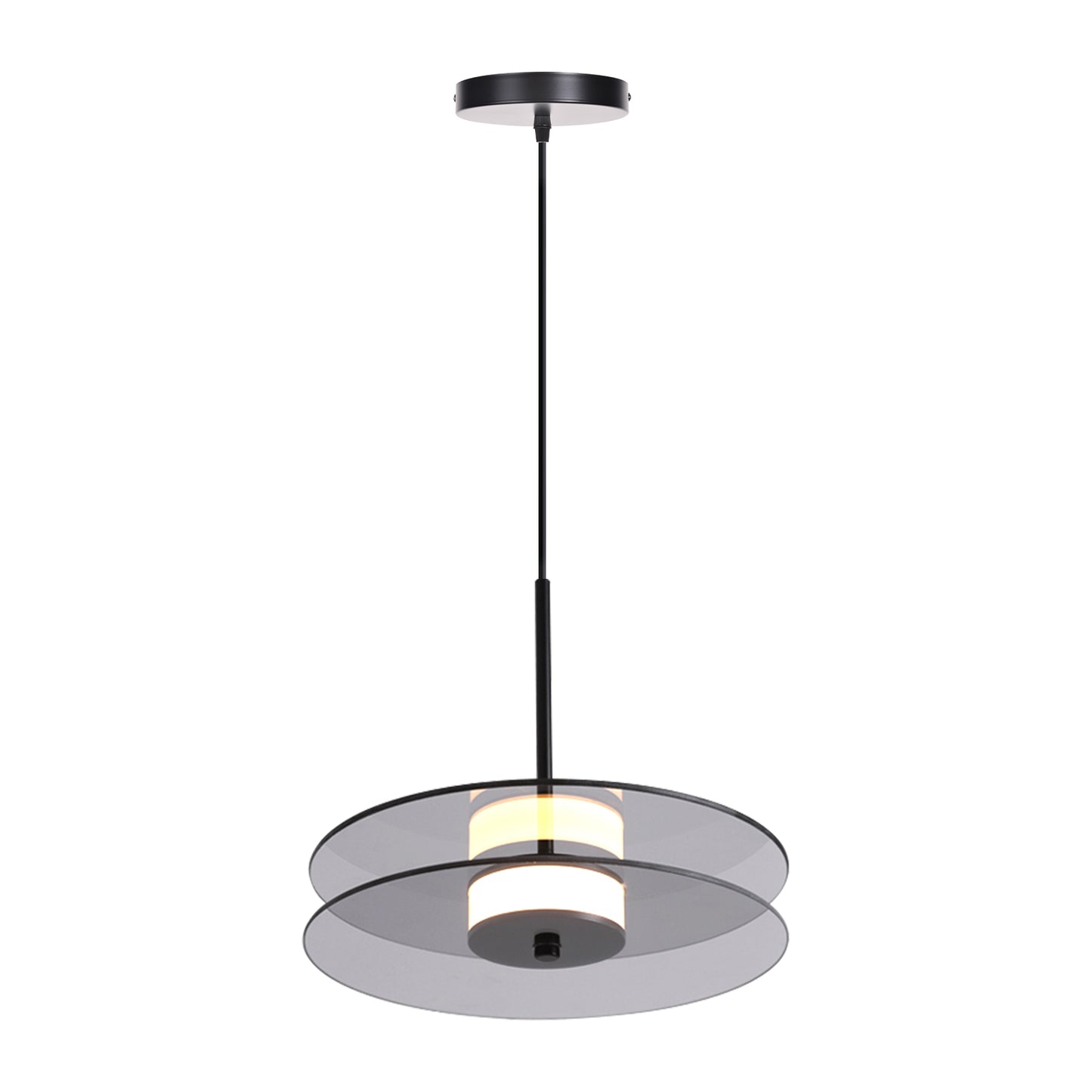 (X) Horizontal Nordic Postmodern Glass Disc Pendant Light -Flying Saucer Chandelier for Dining Room, Bedroom, Bar, Smoke Grey