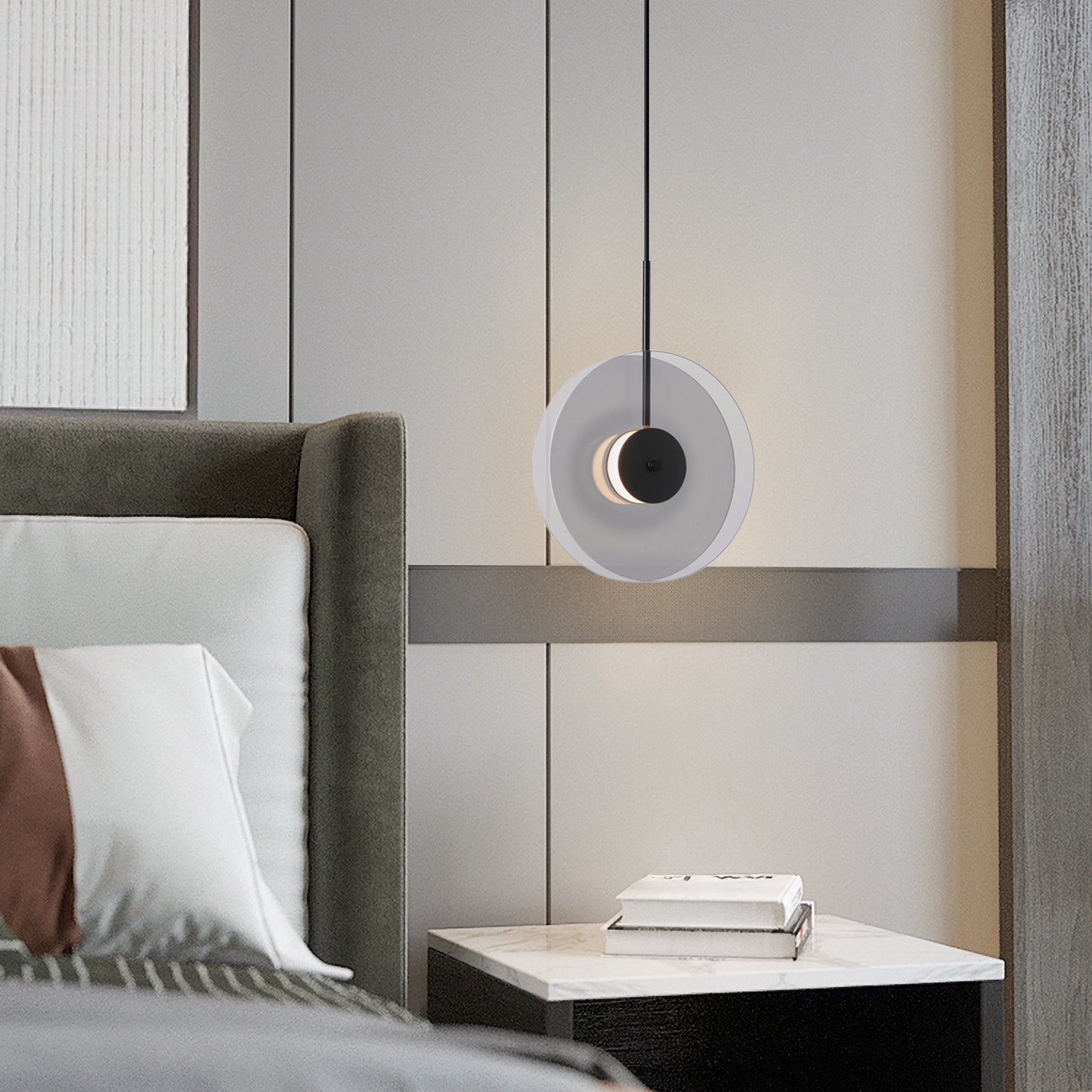 (X)Vertical Nordic Postmodern Glass Disc Pendant Light - Flying Saucer Chandelier for Dining Room, Bedroom, Bar, Smoke Grey