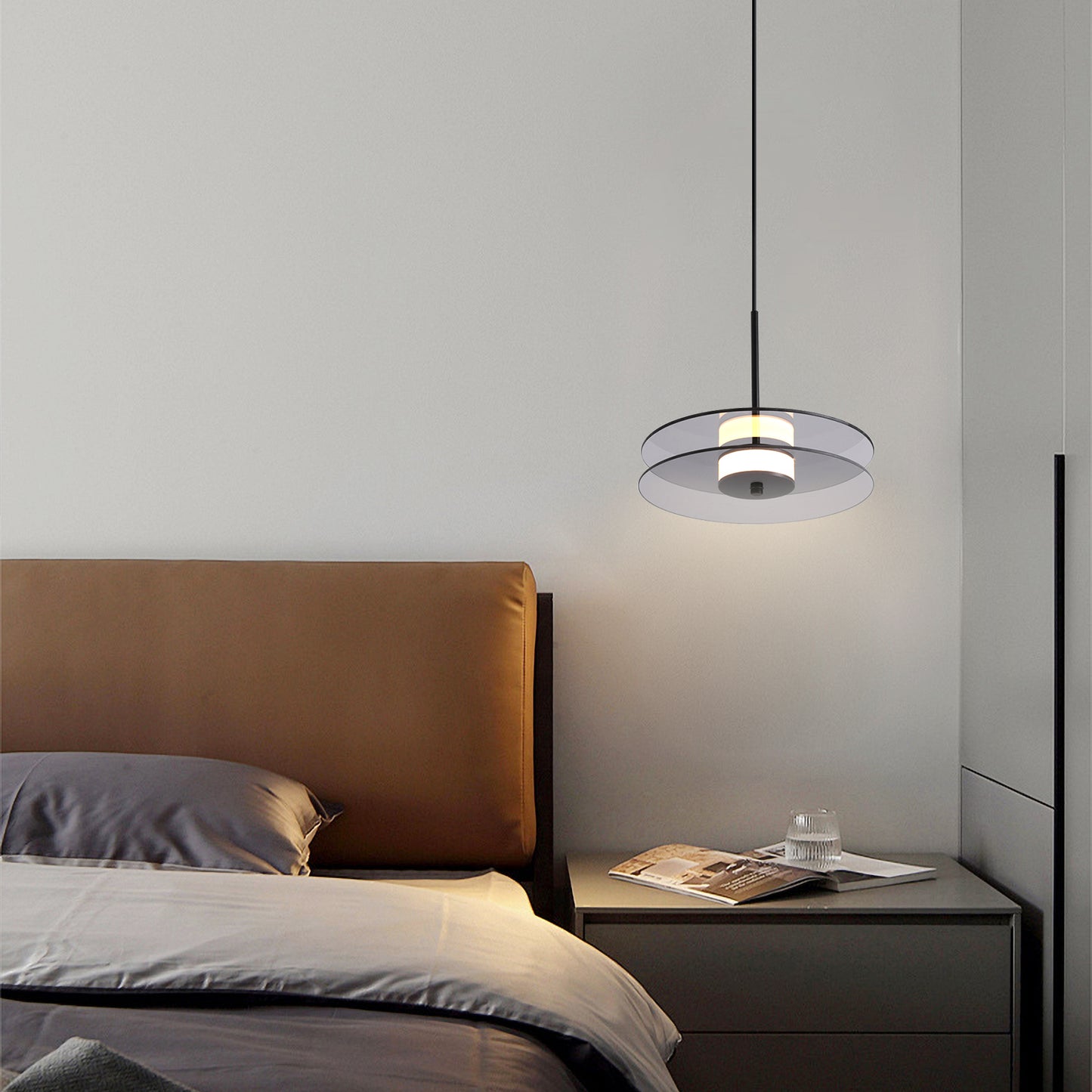 (X) Horizontal Nordic Postmodern Glass Disc Pendant Light -Flying Saucer Chandelier for Dining Room, Bedroom, Bar, Smoke Grey