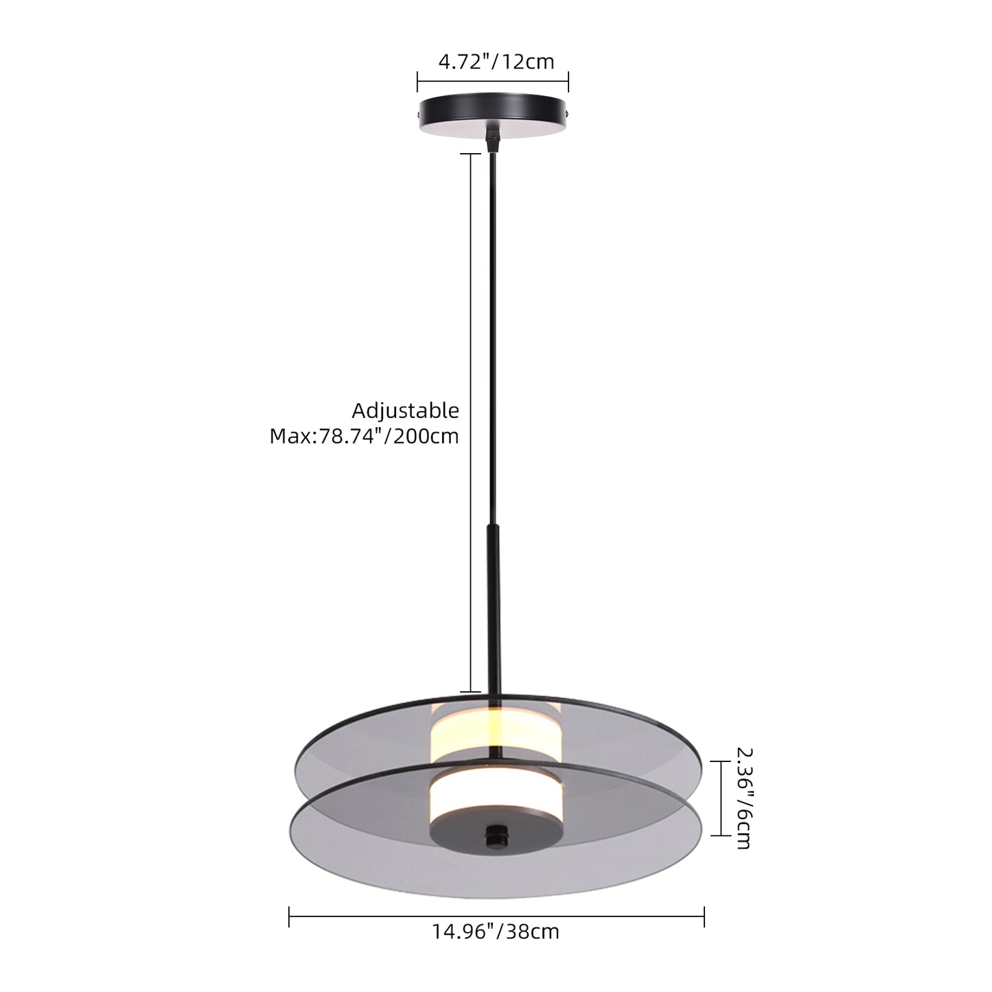 (X) Horizontal Nordic Postmodern Glass Disc Pendant Light -Flying Saucer Chandelier for Dining Room, Bedroom, Bar, Smoke Grey