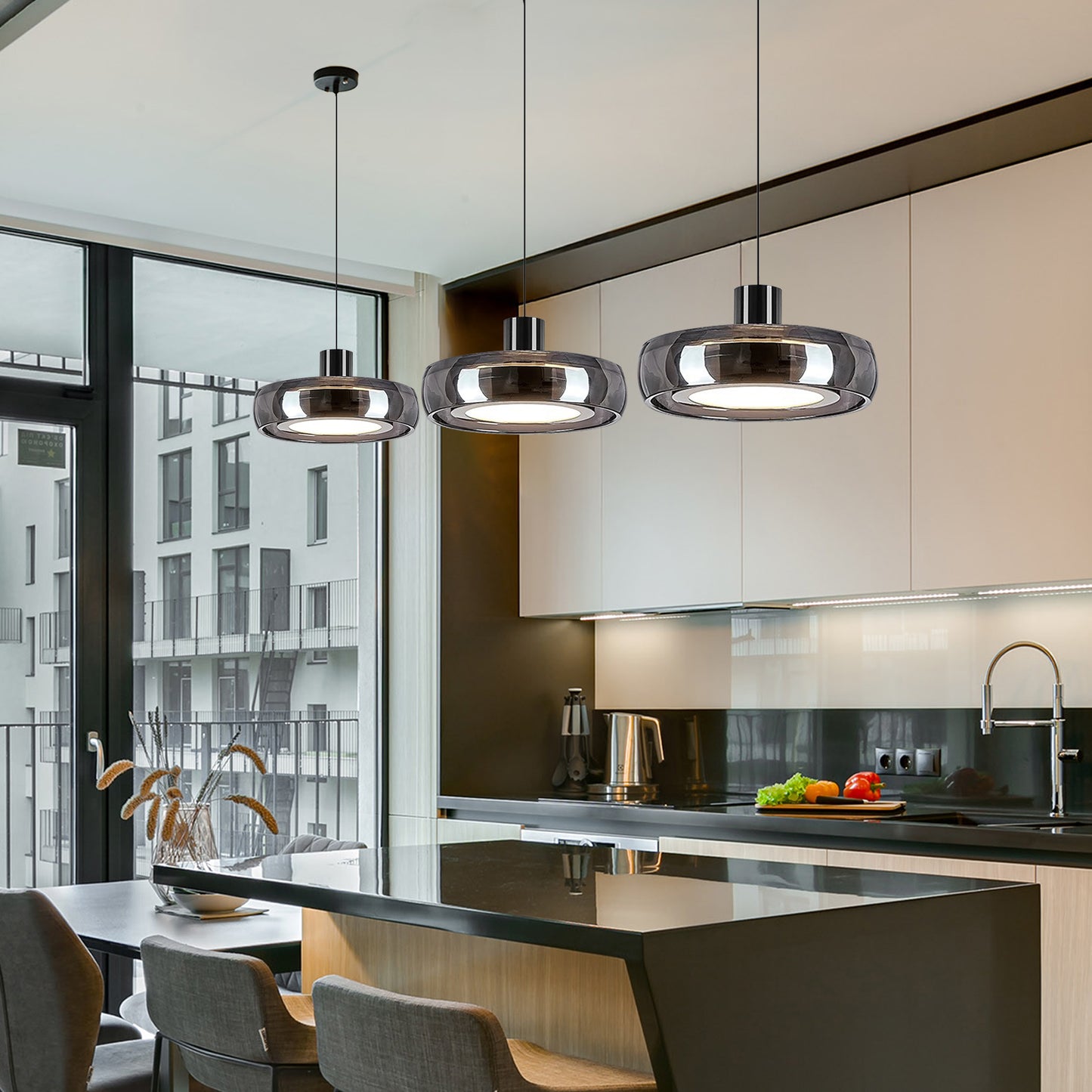 (X)Modern Minimalist Liftable LED Glass Pendant Light Chandelier | Adjustable Height for Living Room, Dining Room, Bedroom and Study