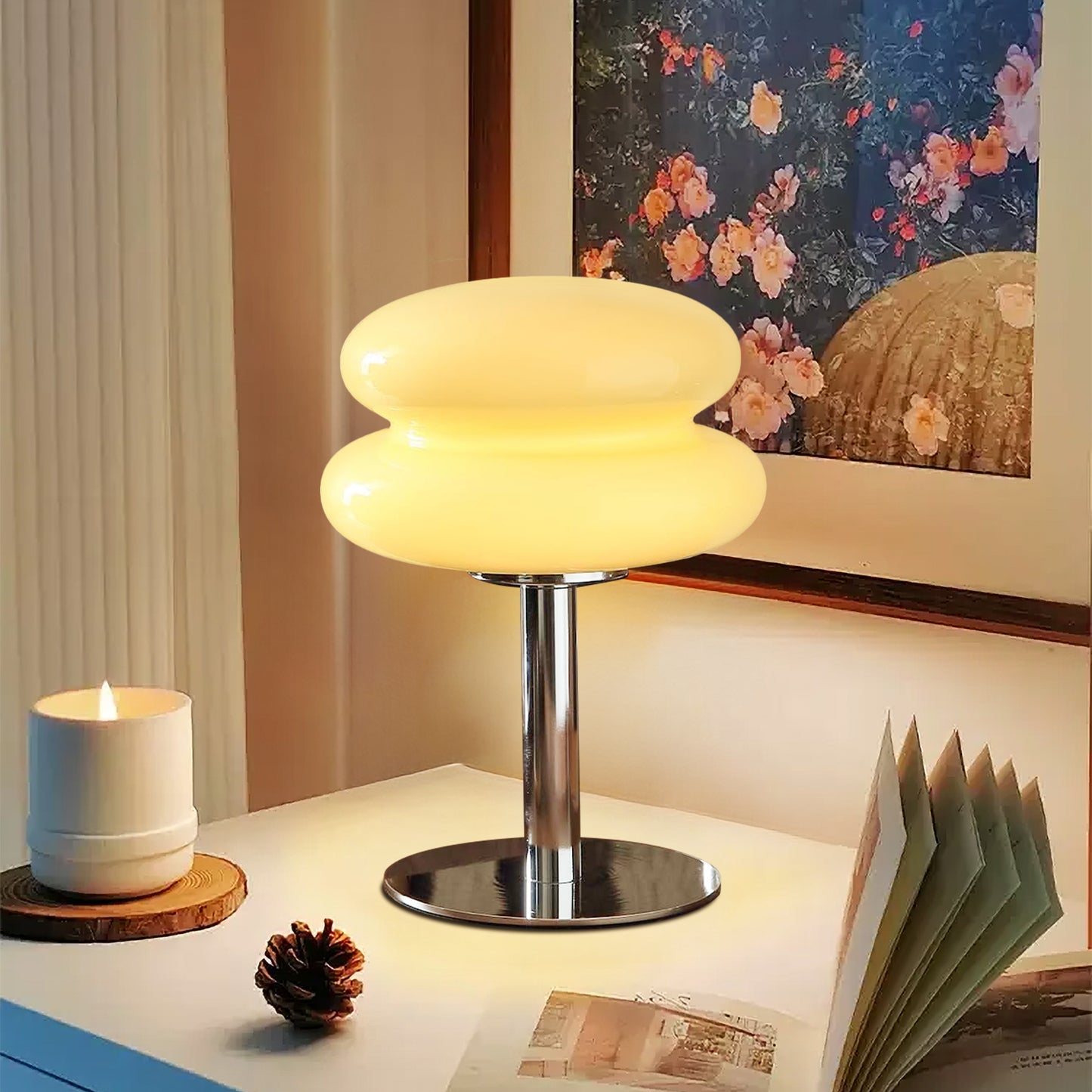 (X)Medieval Mushroom Table Lamp - Retro Egg Tart Design, 3-Color Dimmable LED Glass Light for Bedroom and Living Room ,Cream