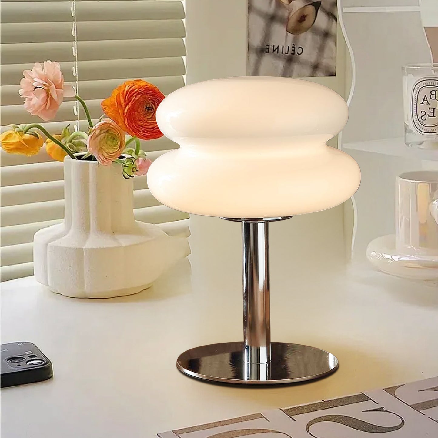 (X)Medieval Mushroom Table Lamp - Retro Egg Tart Design, 3-Color Dimmable LED Glass Light for Bedroom and Living Room ,White