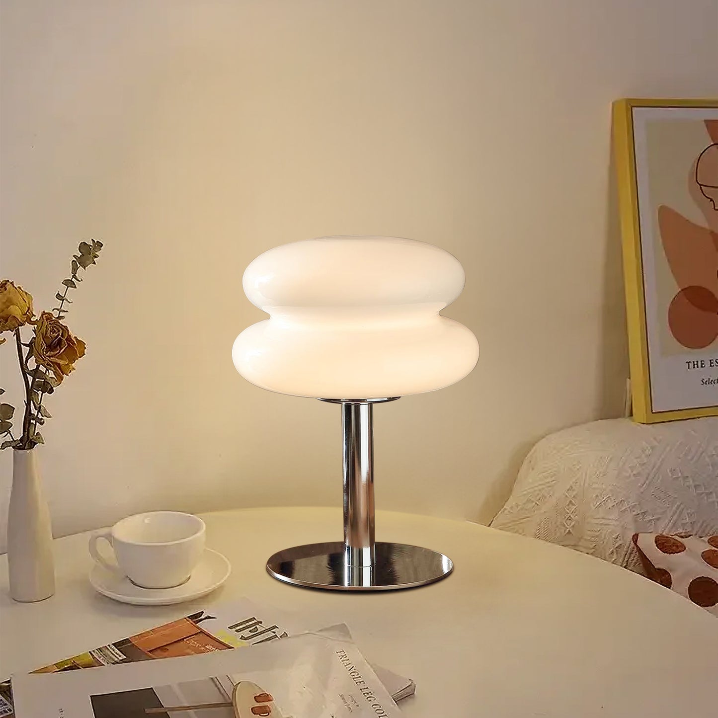 (X)Medieval Mushroom Table Lamp - Retro Egg Tart Design, 3-Color Dimmable LED Glass Light for Bedroom and Living Room ,White