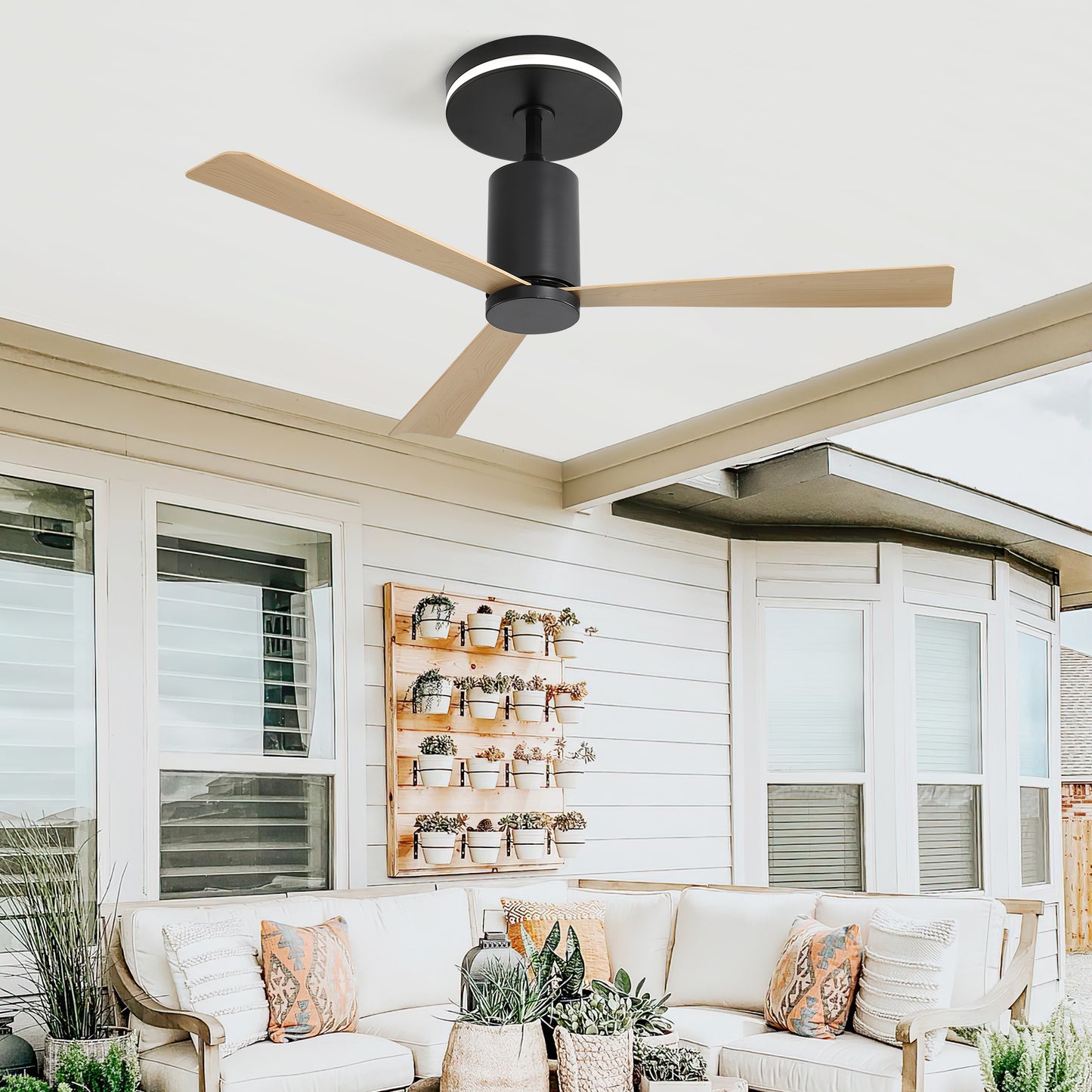 52 Inch Modern Flush Mount Ceiling Fan with LED Light, Remote Control, 3 ABS Blades, Noiseless Reversible DC Motor