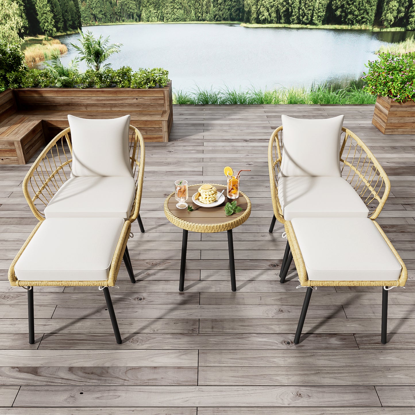 5-piece garden lounge set, including 1 dining table, 2 chairs, 2 stools, furniture, rattan, natural