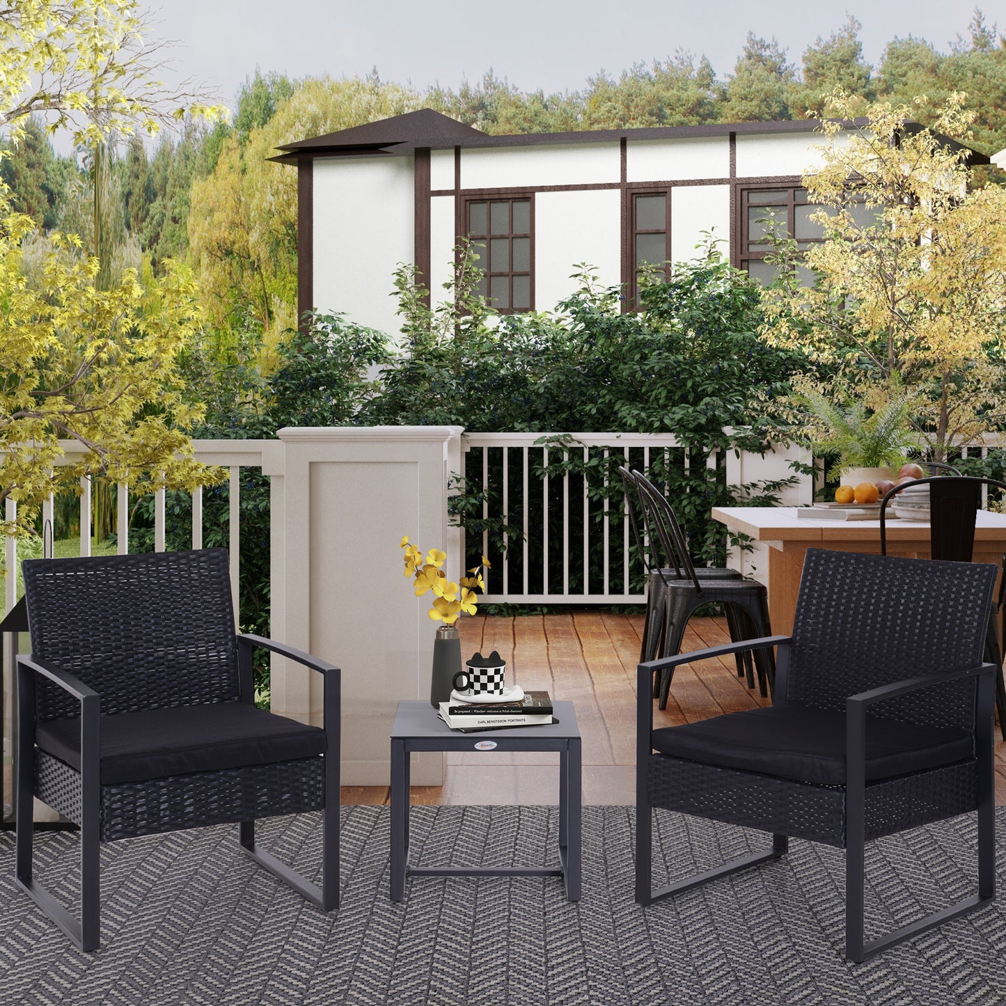 Polyrattan garden set, balcony furniture set with cushions, black, weatherproof, contemporary style, for patio and garden