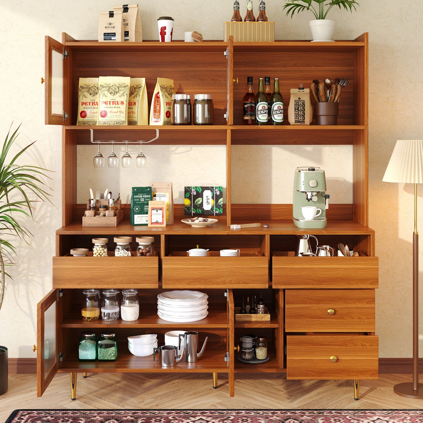 Restaurant Tall Cabinet with Changhong Glass Door, Wine Glass Rack, and Multi-Layer Storage (145x39x171cm)